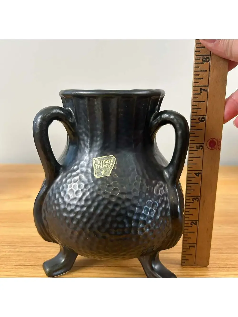 Camark Art Pottery Black Gun Metal Glaze Dimpled Surface 3 Legged Handled Vase